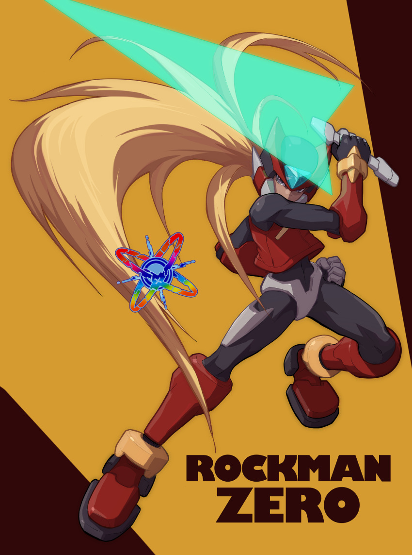 1boy android arm_up black_bodysuit black_gloves blonde_hair bodysuit commentary_request copyright_name cyber_elves energy_sword english_commentary floating_hair full_body gloves grey_gloves helmet highres holding holding_sword holding_weapon hoshi_mikan jacket long_hair male_focus mega_man_(series) mega_man_zero mixed-language_commentary purple_eyes red_background red_footwear red_headwear red_jacket solo standing sword two-tone_background two-tone_gloves very_long_hair weapon yellow_background zero_(mega_man)