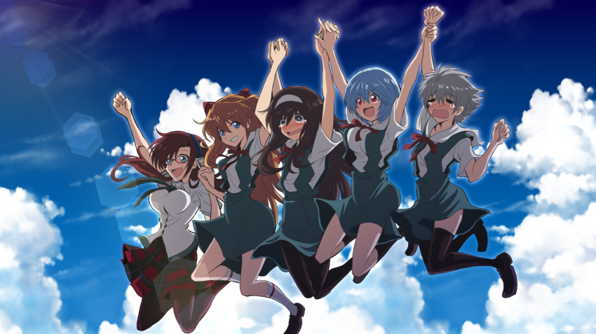 2boys 3girls ayanami_rei black_legwear blue_eyes blue_hair blue_hairband blue_sky brown_eyes brown_hair closed_eyes cloud commentary crossdressing fujitaka_nasu glasses grey_hair hairband hairpods highres holding_hands ikari_shinji interface_headset jumping kirara_jump long_hair makinami_mari_illustrious multiple_boys multiple_girls nagisa_kaworu neon_genesis_evangelion orange_hair pantyhose plaid plaid_skirt rebuild_of_evangelion red-framed_eyewear red_skirt school_uniform short_hair short_sleeves skirt sky socks souryuu_asuka_langley thighhighs white_hairband white_legwear