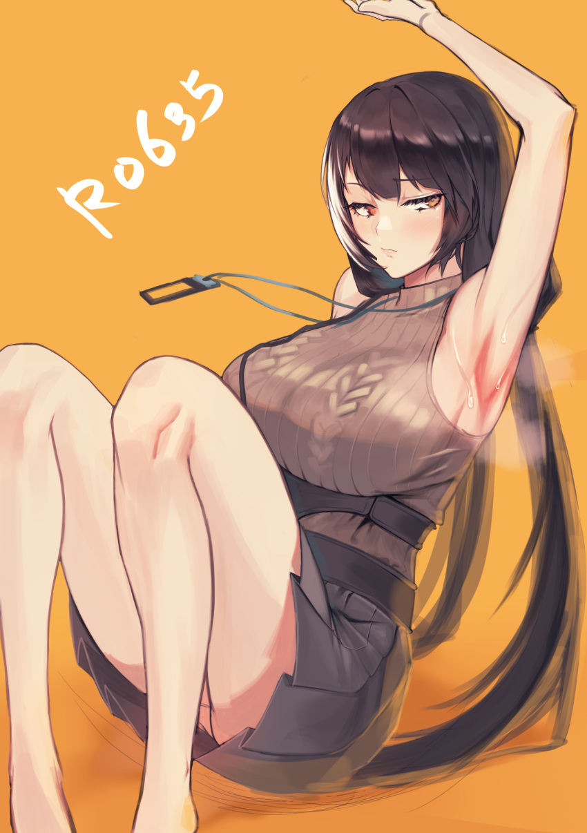 1girl arm_up armpit_focus armpits ass black_hair blush breasts character_name commentary_request girls'_frontline heterochromia highres huge_breasts id_card lanyard legs long_hair mod3_(girls'_frontline) multicolored_hair orange_background panties pleated_skirt red_eyes ro635_(girls'_frontline) saturndxy sideways_glance sitting skirt sleeveless solo streaked_hair sweat sweater_vest underwear white_hair yellow_eyes