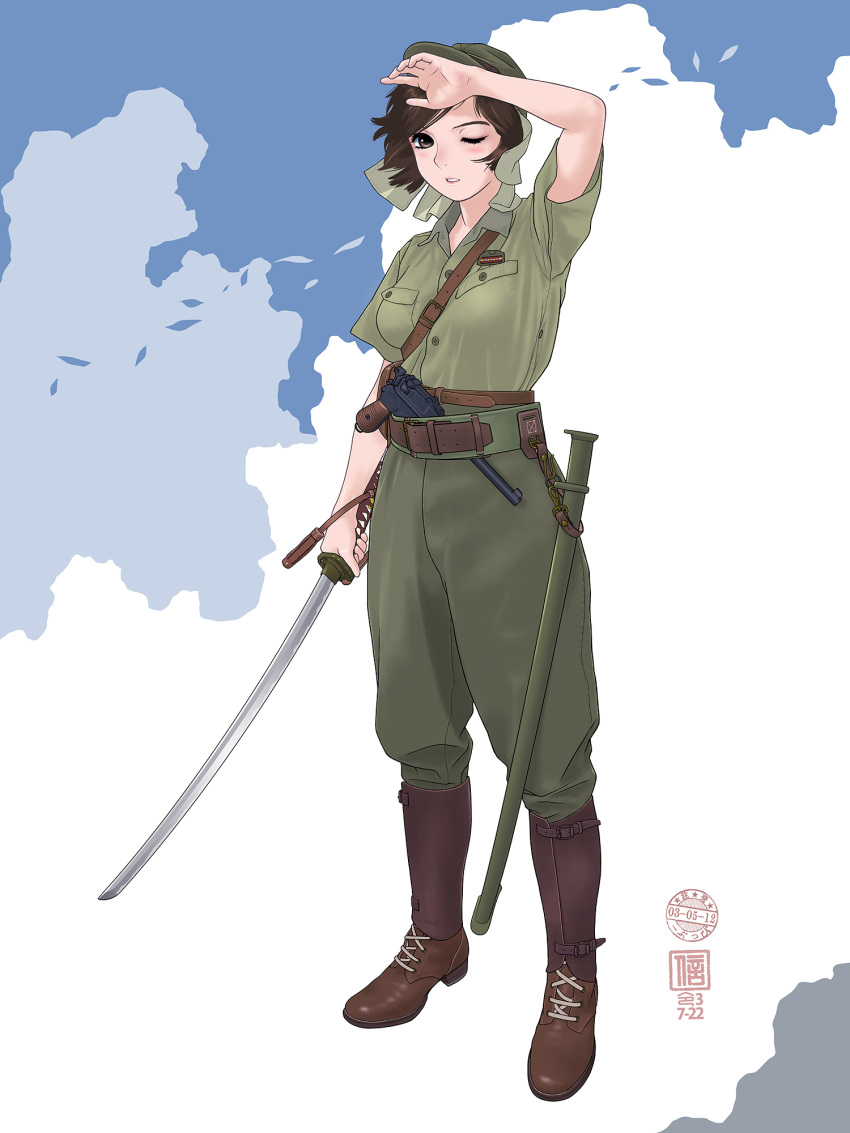 1girl bangs belt boots brown_footwear full_body gun hair_between_eyes handgun hat highres holding holding_sword holding_weapon holstered_weapon imperial_japanese_army katana looking_at_viewer military military_hat military_uniform nambu_type_14 one_eye_closed original pistol sheath short_hair short_sleeves sino_(mechanized_gallery) solo sword uniform weapon world_war_ii