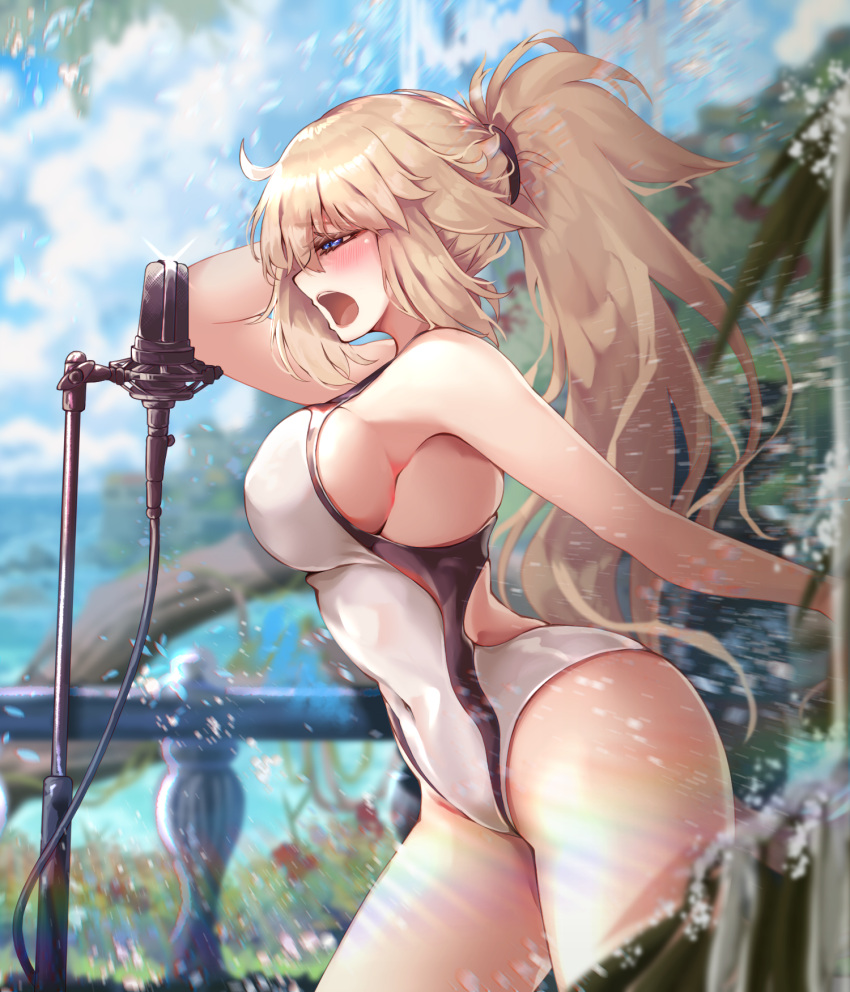 1girl bangs bare_shoulders blonde_hair blue_eyes breasts cleavage collarbone fate/grand_order fate_(series) high_ponytail highleg highleg_swimsuit highres jeanne_d'arc_(fate)_(all) jeanne_d'arc_(swimsuit_archer)_(fate) large_breasts long_hair microphone microphone_stand one-piece_swimsuit ru_251 sideboob swimsuit thighs very_long_hair