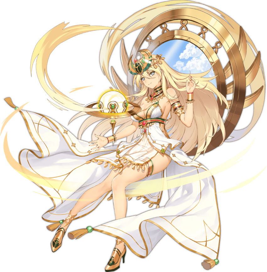 1girl anklet ark_order armlet bangs blonde_hair blue_eyes bracelet breasts closed_mouth dress egyptian_clothes full_body gold gold_footwear halo headpiece high_heels itoucon jewelry khepri_(ark_order) large_breasts long_hair long_sleeves looking_at_viewer necklace official_art orb panties red_nails see-through sideboob smile solo tachi-e tassel thighhighs transparent_background underwear white_dress white_panties