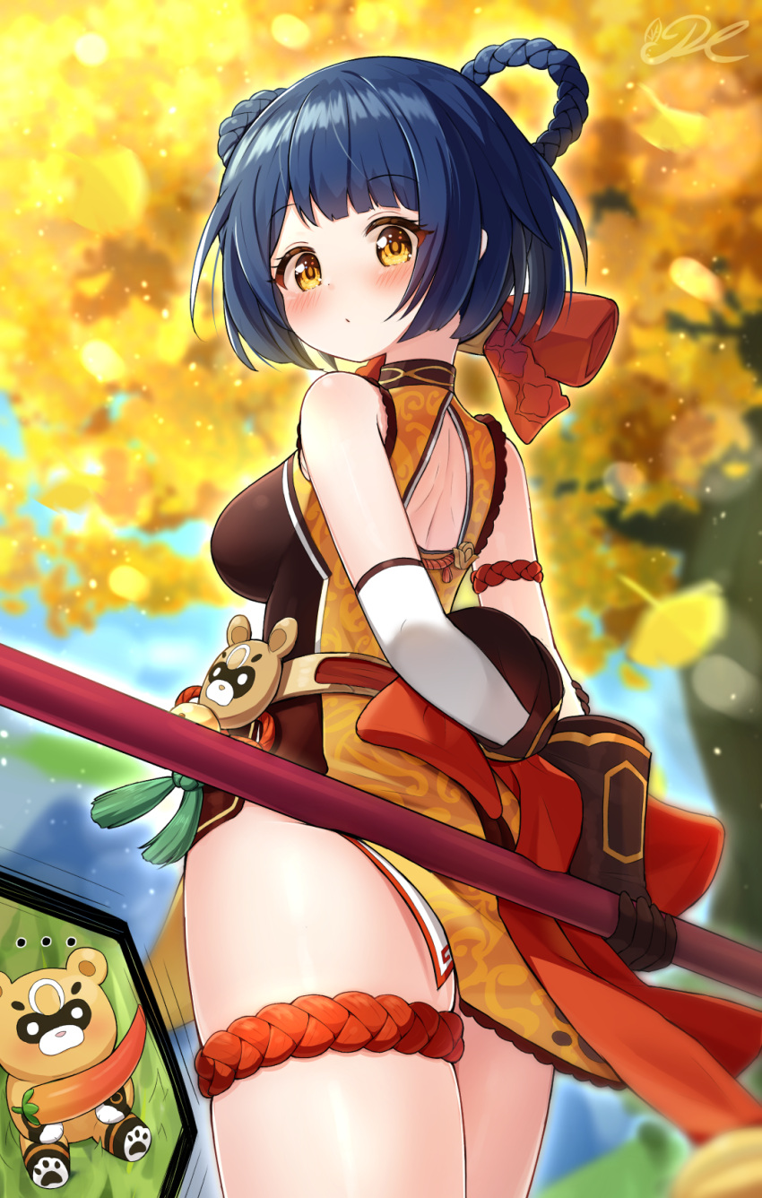 1girl autumn_leaves bangs bell black_hair blunt_bangs blurry braid brown_gloves chili_pepper chinese_clothes commentary_request depth_of_field detached_sleeves eyebrows_visible_through_hair from_behind genshin_impact gloves highres holding holding_staff j2l long_hair looking_at_viewer looking_back red_panda sidelocks staff tree twin_braids xiangling_(genshin_impact) yellow_eyes