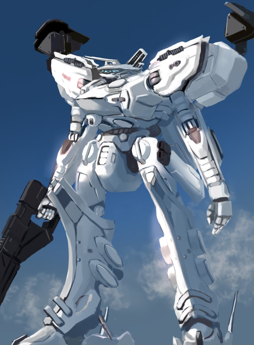 armored_core gun highres holding holding_gun holding_weapon mecha no_humans scenery sky uumi weapon white_glint