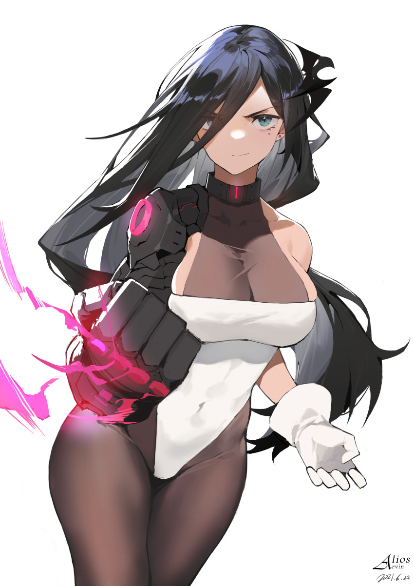 1girl absurdres bangs bare_shoulders black_hair blue_eyes bodystocking breasts cleavage clenched_hand collar determined gloves hair_over_one_eye halterneck highres large_breasts legs_together leotard looking_at_viewer mechanical_hands mole mole_under_eye navel one_eye_covered original pantyhose sdustz see-through single_mechanical_hand skindentation thighs white_leotard