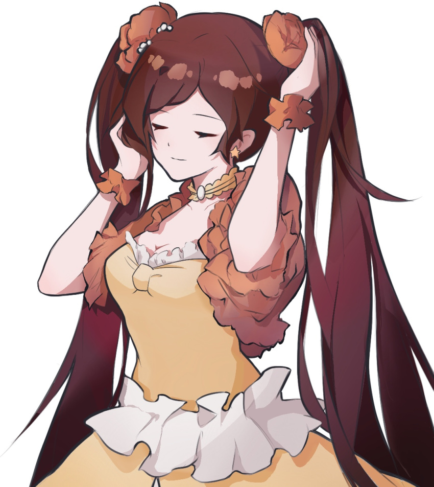 1girl alternate_hairstyle breasts brown_hair brown_scrunchie cleavage closed_eyes commentary dress earrings flower hair_flower hair_ornament hands_up highres jewelry mary_hunt otome_game_no_hametsu_flag_shika_nai_akuyaku_reijou_ni_tensei_shite_shimatta scrunchie simple_background sink_831 solo standing star_(symbol) star_earrings twintails wrist_scrunchie yellow_dress
