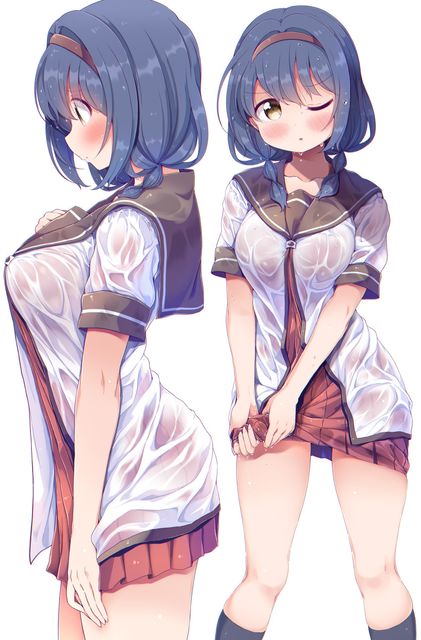 1girl absurdres bangs black_legwear blue_hair blush breasts brown_eyes brown_hairband collarbone eyebrows_visible_through_hair furutani_himawari hair_ornament hairband highres large_breasts low_twintails nanamori_school_uniform one_eye_closed sailor_collar school_uniform serafuku short_hair simple_background standing takahero twintails wet wet_clothes white_background wringing_clothes yuru_yuri