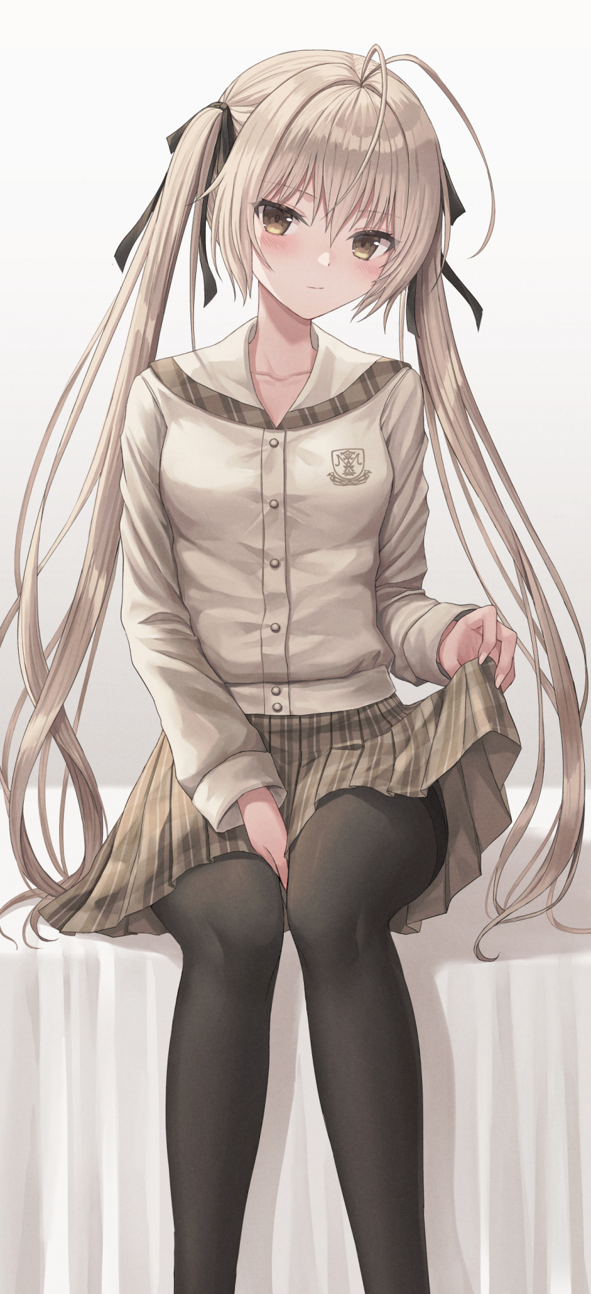 1girl absurdres ahoge bangs between_legs black_legwear blush breasts brown_eyes brown_hair brown_shirt brown_skirt closed_mouth commentary_request eyebrows_visible_through_hair feet_out_of_frame grey_background hair_between_eyes hand_between_legs highres kasugano_sora long_hair long_sleeves looking_at_viewer pantyhose plaid plaid_skirt pleated_skirt seungju_lee shirt skirt small_breasts solo twintails very_long_hair yosuga_no_sora