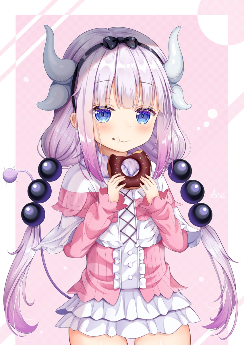 1girl arus beads blue_eyes blush bow capelet doughnut dragon_girl dragon_horns dress eating eyebrows_visible_through_hair food food_on_face hair_beads hair_bow hair_ornament highres horns kanna_kamui kobayashi-san_chi_no_maidragon long_hair low_twintails pink_dress pink_hair ribbon short_dress simple_background solo tail twintails white_background white_capelet