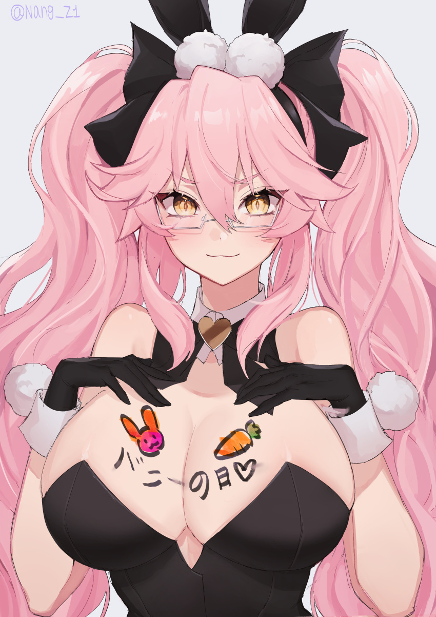 1girl absurdres animal_ear_fluff animal_ears bangs bare_shoulders black_bow black_gloves black_leotard blush body_writing bow breasts cleavage detached_collar fate/grand_order fate_(series) fox_tail glasses gloves hair_between_eyes hair_bow highres koyanskaya_(fate) large_breasts leotard long_hair looking_at_viewer nang_z1 pink_hair playboy_bunny rabbit_ears sidelocks smile solo strapless strapless_leotard tail tamamo_(fate) twintails wrist_cuffs yellow_eyes