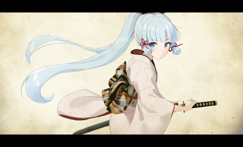 1girl bangs blue_hair blunt_bangs genshin_impact hair_ribbon holding holding_sword holding_weapon japanese_clothes kamisato_ayaka kimono long_hair long_sleeves looking_at_viewer ponytail ready_to_draw ribbon sidelocks solo suke_(momijigari) sword weapon white_kimono wide_sleeves younger yukata