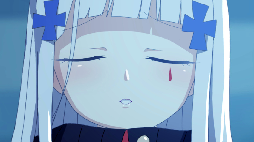 1girl absurdres bangs blunt_bangs blurry closed_eyes cross_hair_ornament depth_of_field facial_mark girls'_frontline hair_ornament highres hk416_(girls'_frontline) incoming_kiss long_hair military_jacket parted_lips puckered_lips silver_hair solo teardrop_tattoo white_hair wo_you_yibei_jia_wanli
