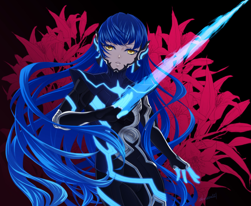 1boy androgynous armor bangs blue_eyes bodysuit collarbone eyelashes gloves highres kokutou_eiri long_hair looking_at_viewer male_focus protagonist_(smtv) purple_hair shin_megami_tensei shin_megami_tensei_v simple_background solo very_long_hair yellow_eyes