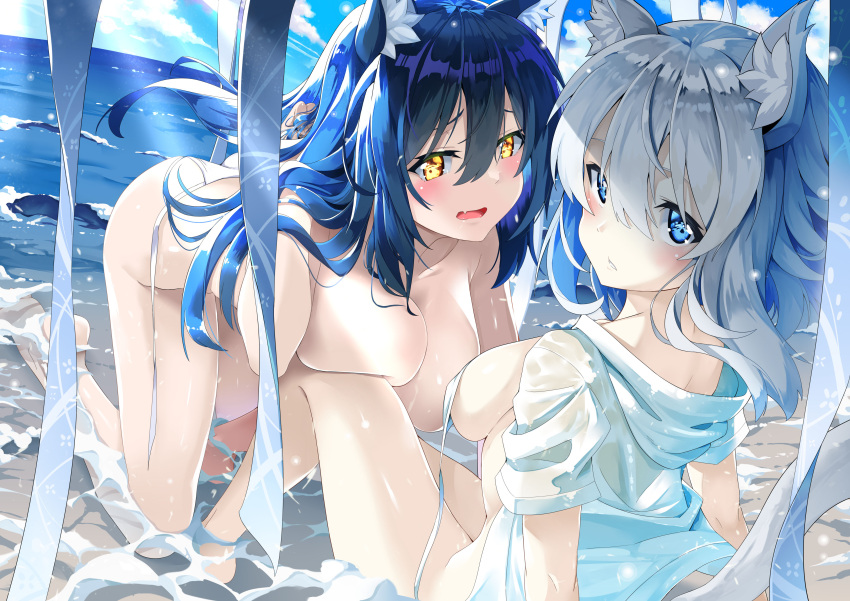 2girls absurdres all_fours animal_ear_fluff animal_ears arm_support ass bangs bare_shoulders beach bikini black_hair blue_eyes blue_sky blush breast_press breasts cat_ears cat_girl cat_tail cleavage closed_mouth cloud collarbone day eyebrows_visible_through_hair fang front-tie_bikini front-tie_top hanging_breasts highres hood hood_down hoodie horizon knee_up large_breasts long_hair looking_at_viewer medium_breasts multiple_girls ocean open_clothes open_hoodie open_mouth original outdoors reclining ruffling_hair sand short_sleeves side-tie_bikini sitting skin_fang sky smile string_bikini swimsuit tail tail_raised topless untied untied_bikini very_long_hair wardrobe_malfunction water white_hair yellow_eyes zelitto