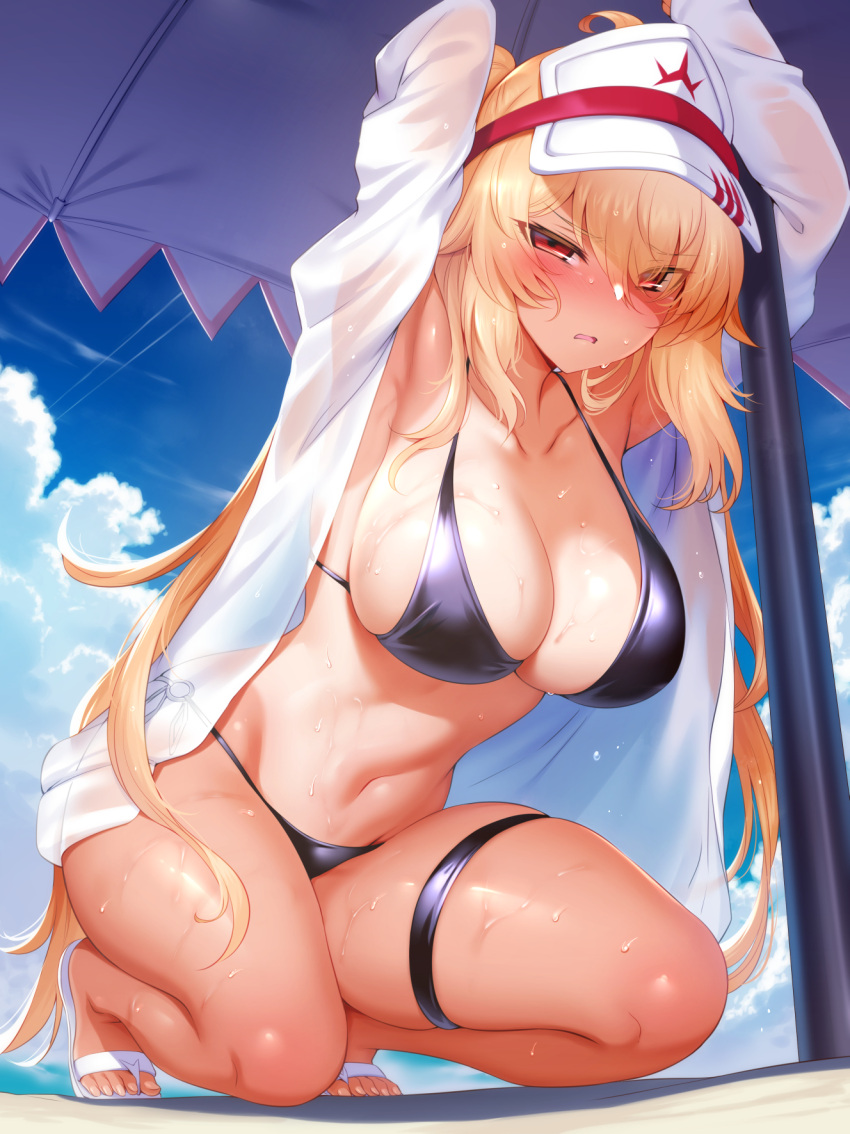 1girl armpits arms_up bangs bare_shoulders beach beach_umbrella bikini black_bikini blonde_hair blue_sky blush breasts cleavage collarbone day highres hiyake-chan jacket kneeling large_breasts long_hair long_sleeves looking_at_viewer m-da_s-tarou navel one-piece_tan open_clothes open_jacket original red_eyes sketch sky solo sweat swimsuit tan tanlines thigh_strap thighs twintails umbrella visor_cap white_headwear white_jacket