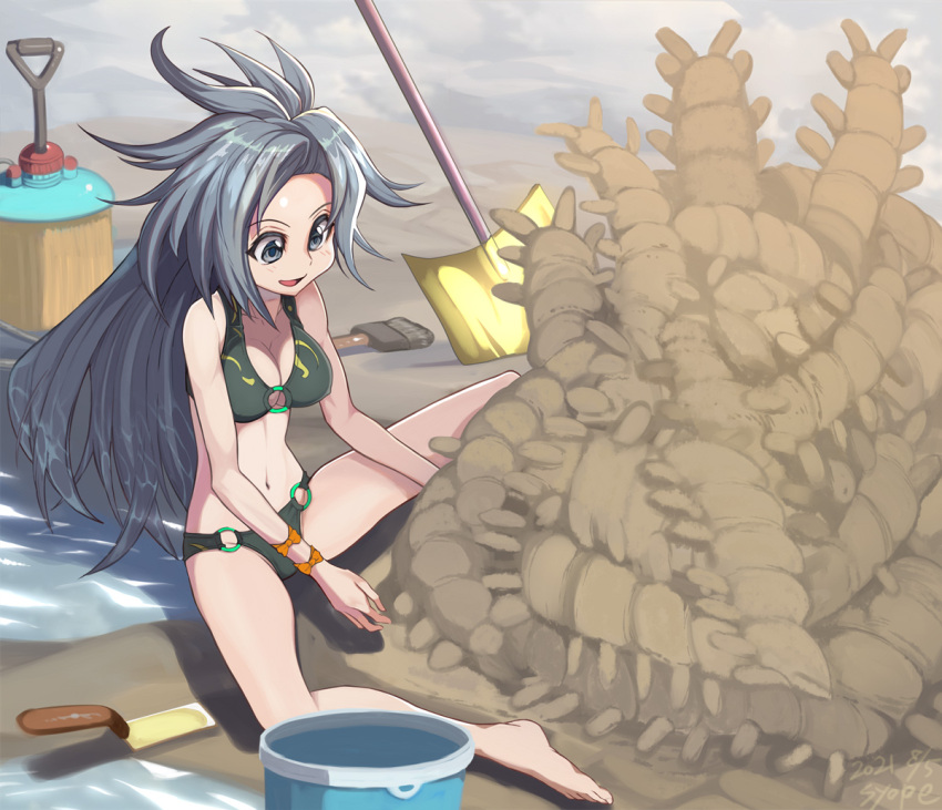 1girl beach bikini breasts bug centipede grey_eyes grey_hair himemushi_momoyo medium_breasts ribbon sand shope shovel solo swimsuit tools touhou