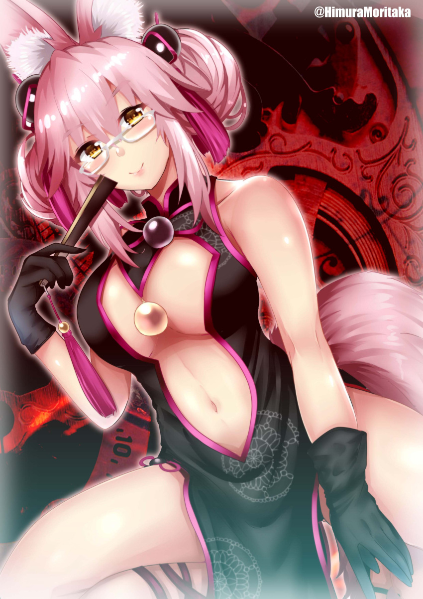 1girl absurdres animal_ears bangs black_gloves blunt_bangs breasts chinese_clothes cleavage commentary_request double_bun eyebrows_visible_through_hair eyes_visible_through_hair fate/grand_order fate_(series) folding_fan fox_ears fox_girl fox_tail glasses gloves hair_ornament hand_fan highres himura_moritaka holding holding_fan koyanskaya_(fate) long_hair looking_at_viewer multicolored_hair navel sidelocks silver_hair smile solo squatting streaked_hair tail tamamo_(fate) thighs yellow_eyes