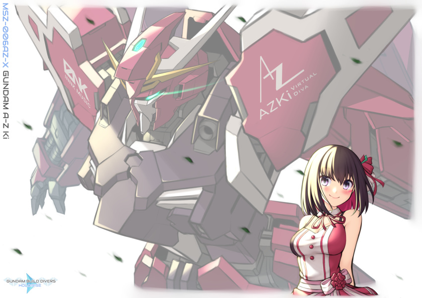 1girl amazing_z_gundam azki_(hololive) bangs black_hair blue_eyes blush breasts character_name dress english_commentary eyebrows_behind_hair glowing glowing_eye gundam gundam_build_divers gundam_build_divers_re:rise gundam_build_fighters head_tilt highres hobby_hobby_imagining_builders hololive logo_parody looking_ahead looking_at_viewer mecha medium_breasts mobile_suit open_hand parody pinguinkotak pink_dress purple_eyes science_fiction short_hair smile title_parody v-fin virtual_youtuber