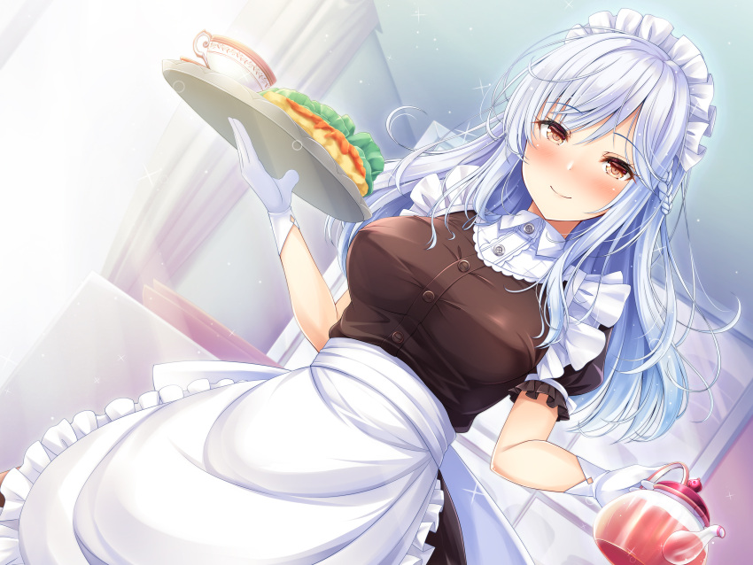 1girl akashio_(loli_ace) apron bangs black_dress braid breasts brown_eyes ceiling closed_mouth collared_dress cup curtains dress dutch_angle eyebrows_visible_through_hair food frilled_sleeves frills gloves highres holding holding_tray indoors large_breasts long_hair looking_at_viewer maid maid_apron maid_headdress omurice original short_sleeves sidelocks smile solo standing teacup teapot tray white_gloves white_hair
