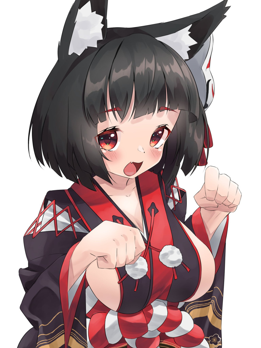 1girl :d animal_ears azur_lane bangs black_hair blunt_bangs blush breasts cat_ears cat_mask cleavage collarbone commentary_request eyebrows_visible_through_hair highres japanese_clothes long_sleeves marimo_daifuku mask mask_on_head open_mouth paw_pose red_eyes rope shimenawa short_hair sideboob sidelocks simple_background smile white_background wide_sleeves yamashiro_(azur_lane)