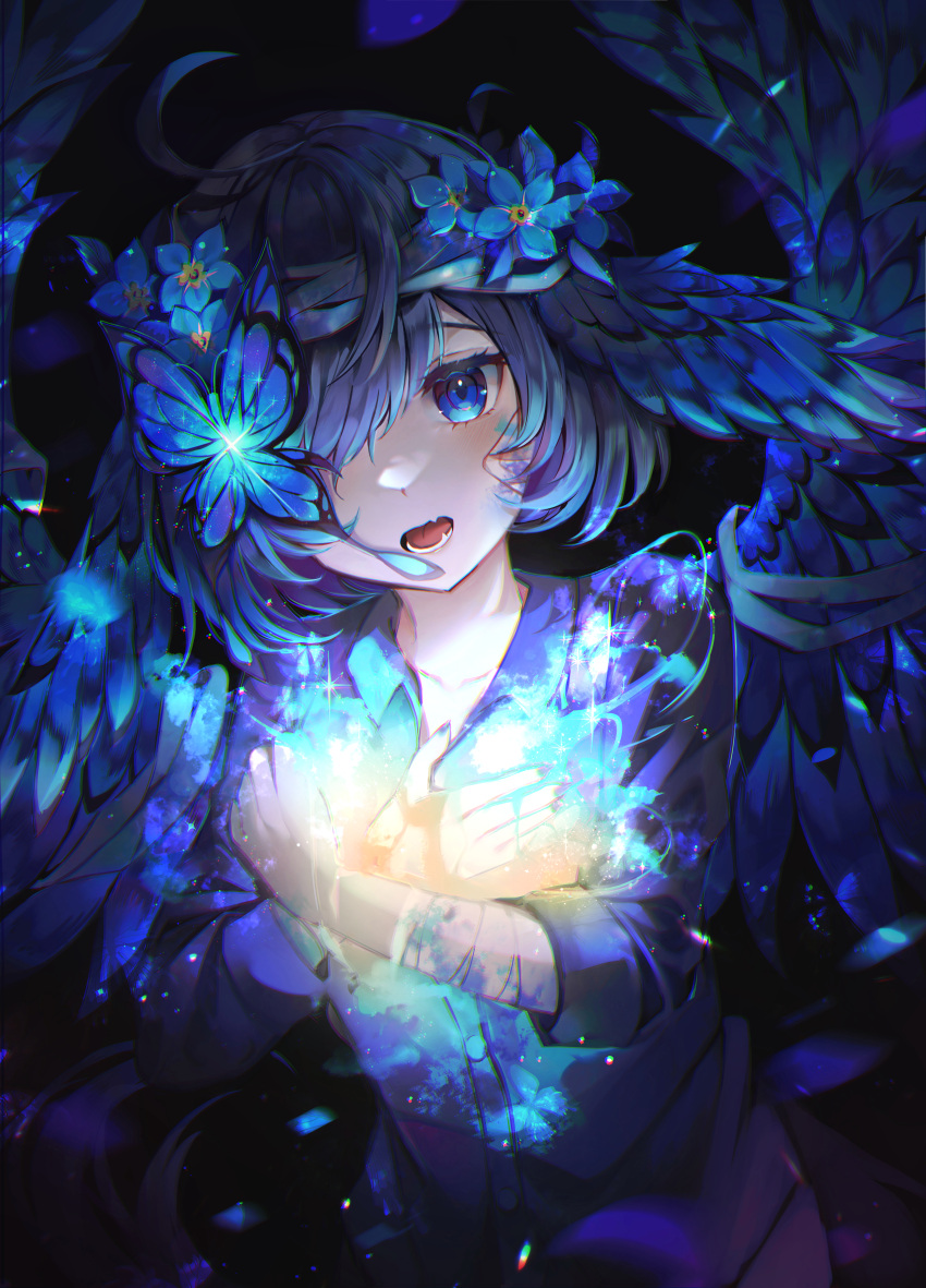 1girl absurdres ahoge bangs black_background blue_butterfly blue_eyes blue_flower blue_hair blue_nails blue_shirt blue_theme blue_wings blush bug butterfly collared_shirt commentary_request crossed_arms dress_shirt fang feathered_wings flower hair_flower hair_ornament hair_over_one_eye hands_up head_wings highres huge_filesize insect long_sleeves looking_at_viewer mirage_(rairudiseu) nail_polish open_mouth original paint_on_face shirt short_hair skin_fang solo upper_body wings