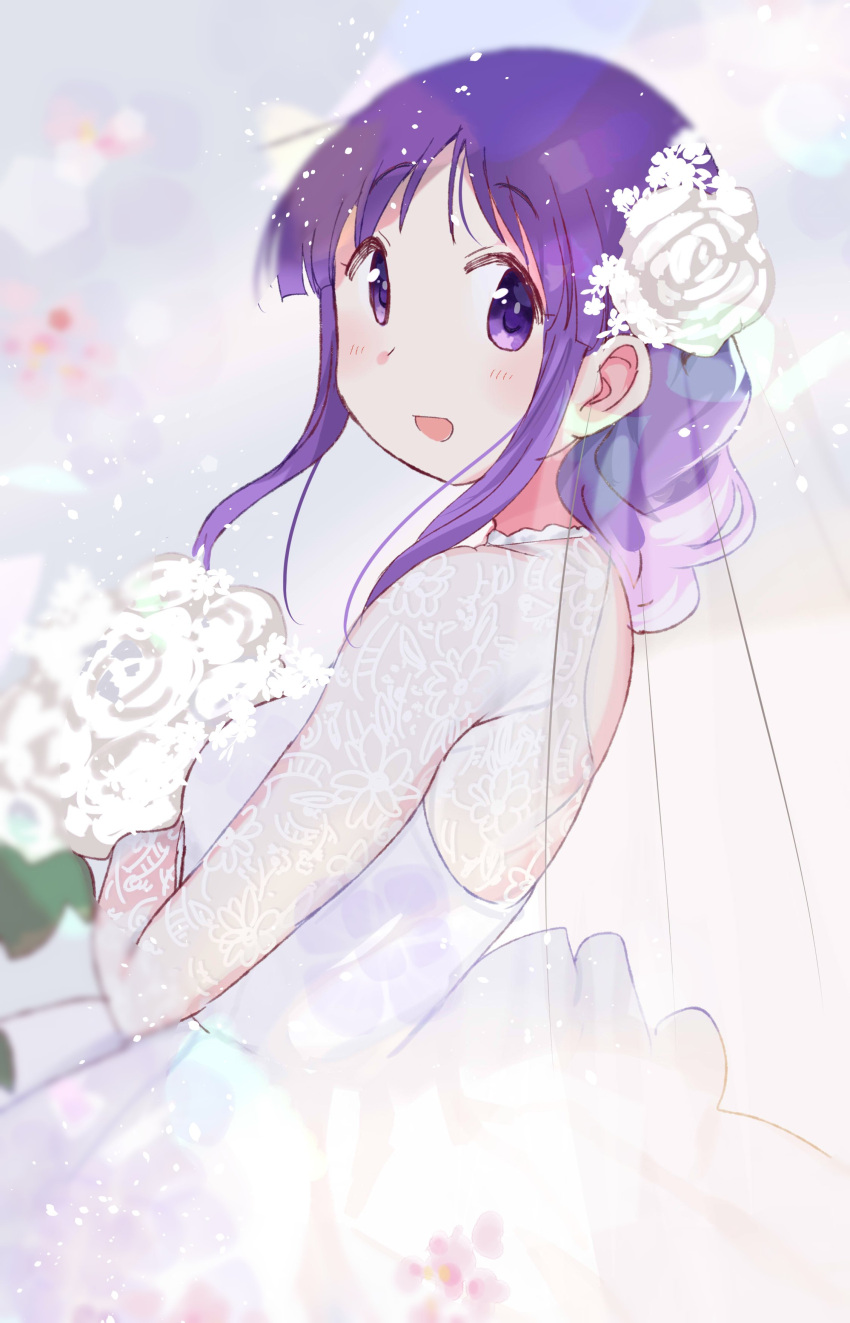 1girl :d absurdres bangs blush bouquet dress eyebrows_visible_through_hair floral_print flower from_side hair_flower hair_ornament highres hinata_yukari holding holding_bouquet long_hair looking_at_viewer open_mouth purple_eyes purple_hair rose smile solo tatsunokosso wedding_dress white_dress white_flower yuyushiki