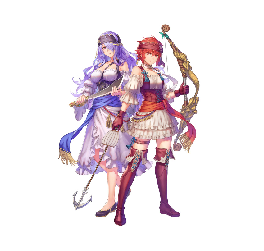 2girls absurdres anbe_yoshirou arrow_(projectile) bangs bare_shoulders boots bow_(weapon) braid breasts camilla_(fire_emblem) closed_mouth collarbone commentary dress fire_emblem fire_emblem_fates fire_emblem_heroes frills full_body gloves hair_over_one_eye headband highres hinoka_(fire_emblem) holding holding_bow_(weapon) holding_sword holding_weapon large_breasts long_hair looking_at_viewer multiple_girls official_art puffy_short_sleeves puffy_sleeves purple_hair red_eyes red_hair shiny shiny_hair shoes short_hair short_sleeves simple_background smile standing sword thigh_boots thigh_strap thighhighs tied_hair weapon white_background zettai_ryouiki