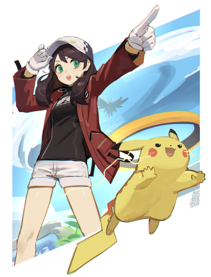 1girl 2others absurdres artist_name baseball_cap brown_hair english_commentary gen_1_pokemon green_eyes grey_shorts hat highres jacket legendary_pokemon medium_hair multiple_others pikachu pointing pointing_forward pokemon pokemon_(creature) pokemon_(game) pokemon_unite red_jacket shorts solo_focus tostantan when_you_see_it white_headwear zapdos