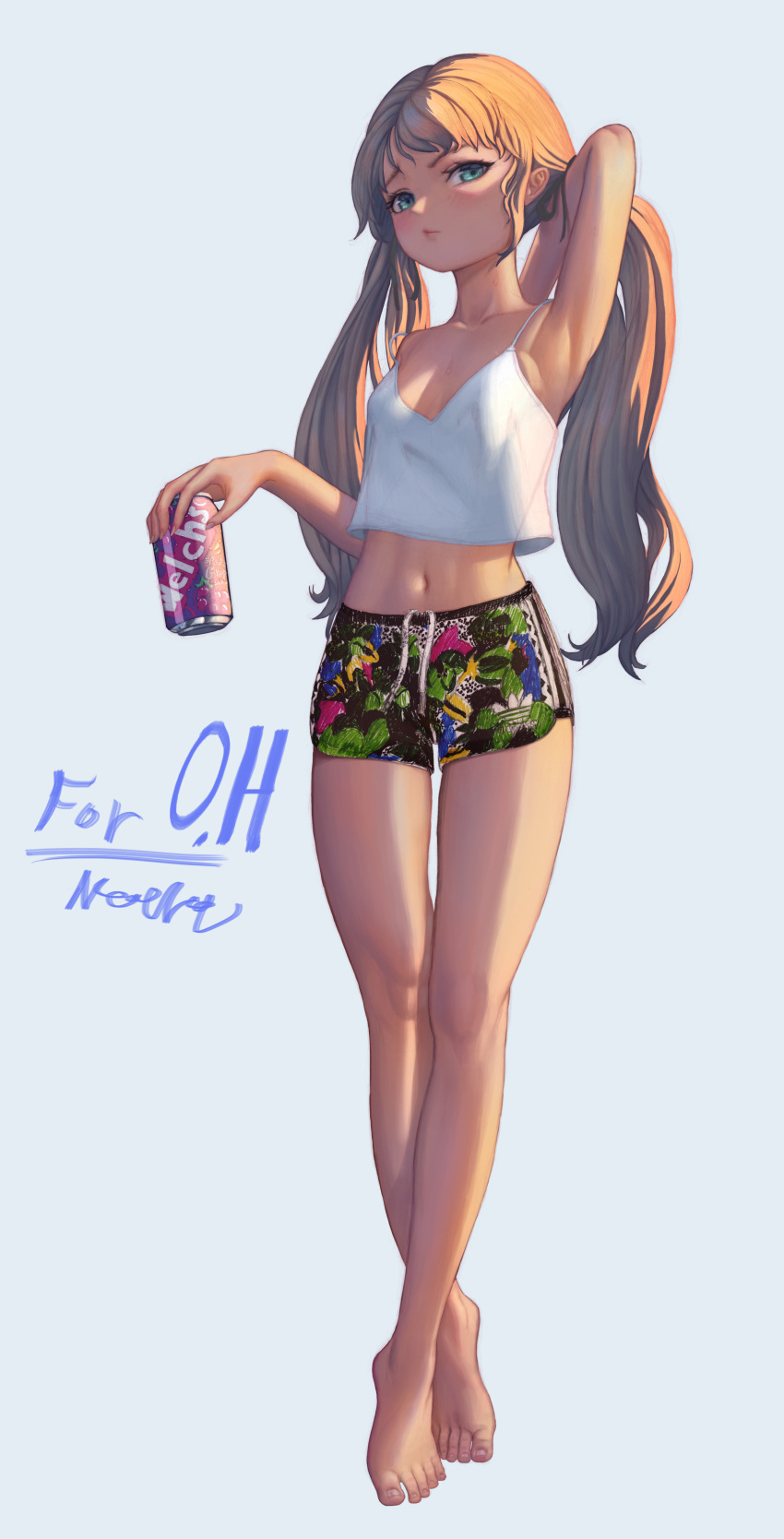 1girl absurdres arm_behind_back arm_up armpits barefoot blue_eyes breasts brown_hair camisole can crossed_legs feet full_body grey_background highres holding legs long_hair low_twintails midriff navel neereu original print_shorts short_shorts shorts simple_background sketch small_breasts soda_can solo strap_slip thigh_gap thighs toes twintails white_camisole