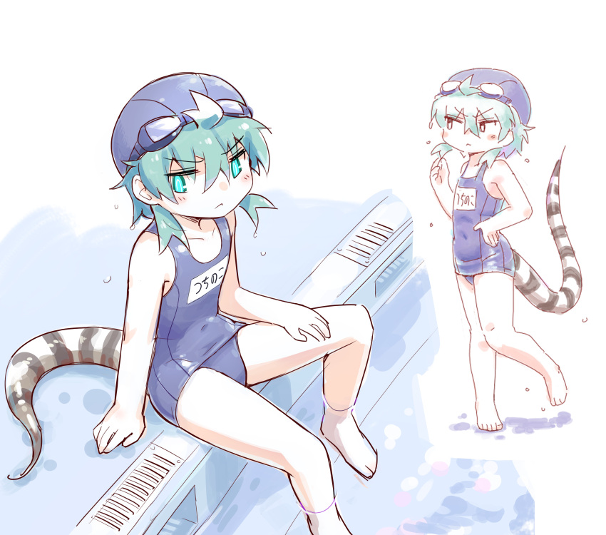 0x0082 1girl absurdres alternate_costume bare_legs bare_shoulders barefoot blue_eyes blue_hair blue_headwear blue_swimsuit blush eyebrows_visible_through_hair full_body goggles goggles_on_head highres kemono_friends multiple_views pool school_swimsuit short_hair sitting sleeveless snake_print snake_tail standing standing_on_one_leg swim_cap swimsuit tail translated tsuchinoko_(kemono_friends) water_drop