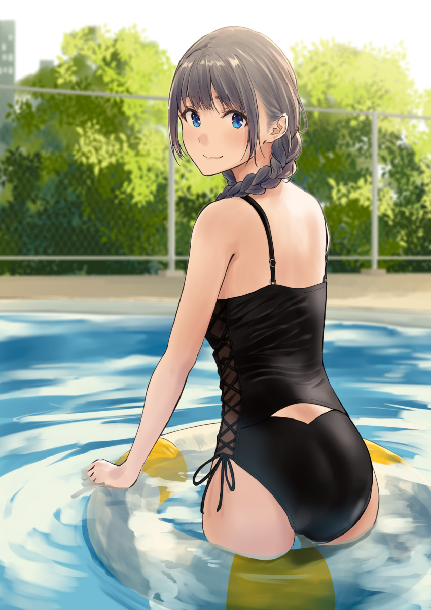 1girl ass bangs bare_arms bare_shoulders black_ribbon black_swimsuit braid brown_hair casual_one-piece_swimsuit closed_mouth cowboy_shot day eyebrows_visible_through_hair fence highres hiwatari_rin innertube long_hair one-piece_swimsuit original outdoors pool ribbon smile solo sunlight swimsuit twin_braids water