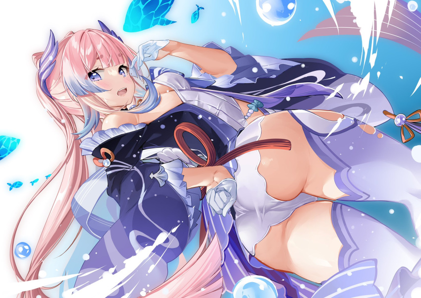 1girl ass bare_shoulders blue_eyes blue_hair blush breasts cameltoe coat from_behind genshin_impact gloves gradient_hair hair_ornament highres kikimi long_hair looking_at_viewer looking_back multicolored_hair open_mouth pink_hair sangonomiya_kokomi shiny shiny_hair shiny_skin short_shorts shorts sideboob solo standing thighhighs twintails very_long_hair water white_gloves white_shorts