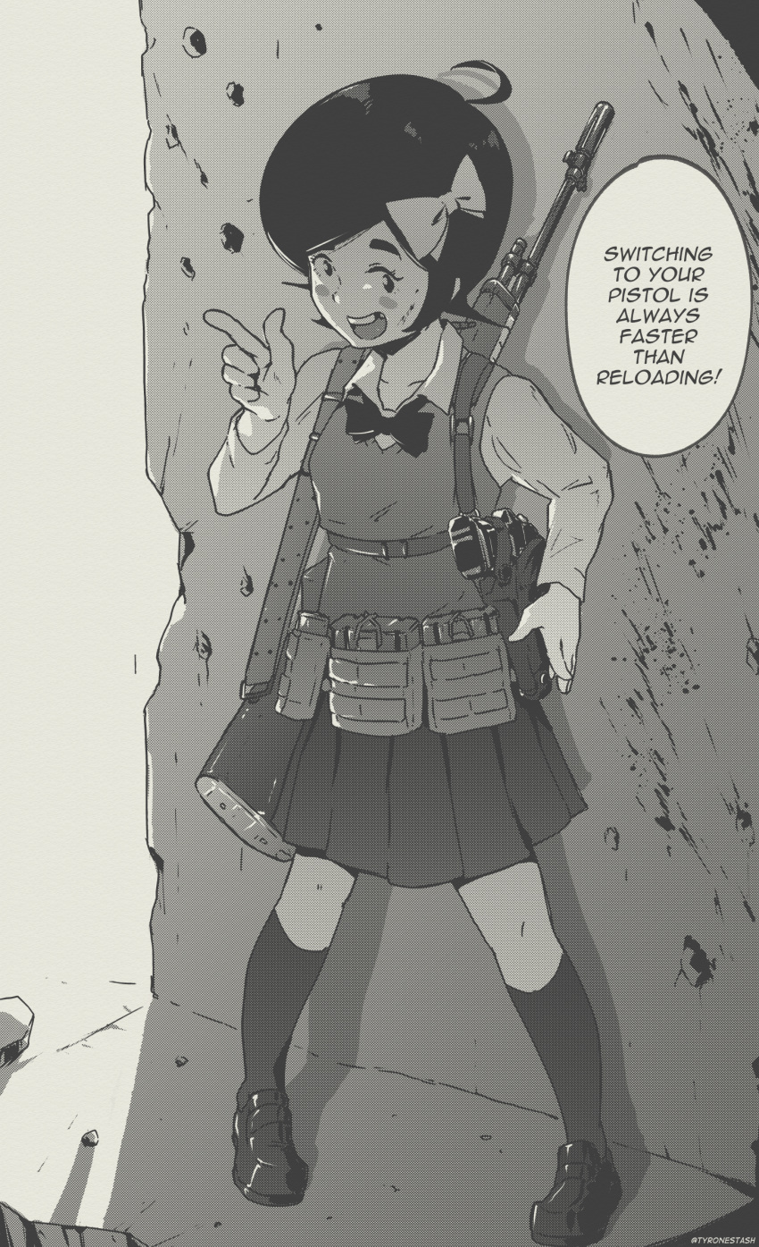 1girl :d battle_rifle black_hair blush_stickers bow bowtie breasts bullet_hole call_of_duty_4 collared_shirt english_text gun hair_bow handgun highres holly_(tyrone) kneehighs m14 monochrome open_mouth original pistol pleated_skirt pointing rifle shirt skirt smile solo speech_bubble standing tooth_gap tyrone upper_teeth weapon yellow_theme