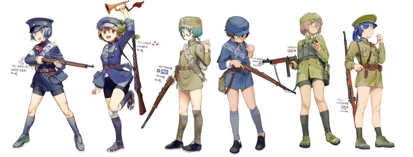 1girl :o absurdres ammunition ammunition_belt ammunition_pouch asymmetrical_legwear backpack bag bandages bangs belt bike_shorts black_footwear black_hair blue_eyes blue_hair blue_headband blue_headwear blue_legwear brown_eyes brown_hair china chinese_army closed_mouth eating explosive food full_body gewehr_88 gewehr_98 glasses green_eyes green_footwear green_hair green_headwear green_legwear grenade gun hair_between_eyes hat headband highres holding holding_food holding_gun holding_instrument holding_weapon holster holstered_weapon instrument long_sleeves looking_at_viewer medium_hair military military_hat military_uniform mouth_hold open_mouth original ponytail pouch sandals shoes short_hair shoulder_bag side_ponytail simple_background solo submachine_gun thompson_submachine_gun trumpet uneven_legwear uniform weapon whistle whistle_around_neck white_background zhongye_yu