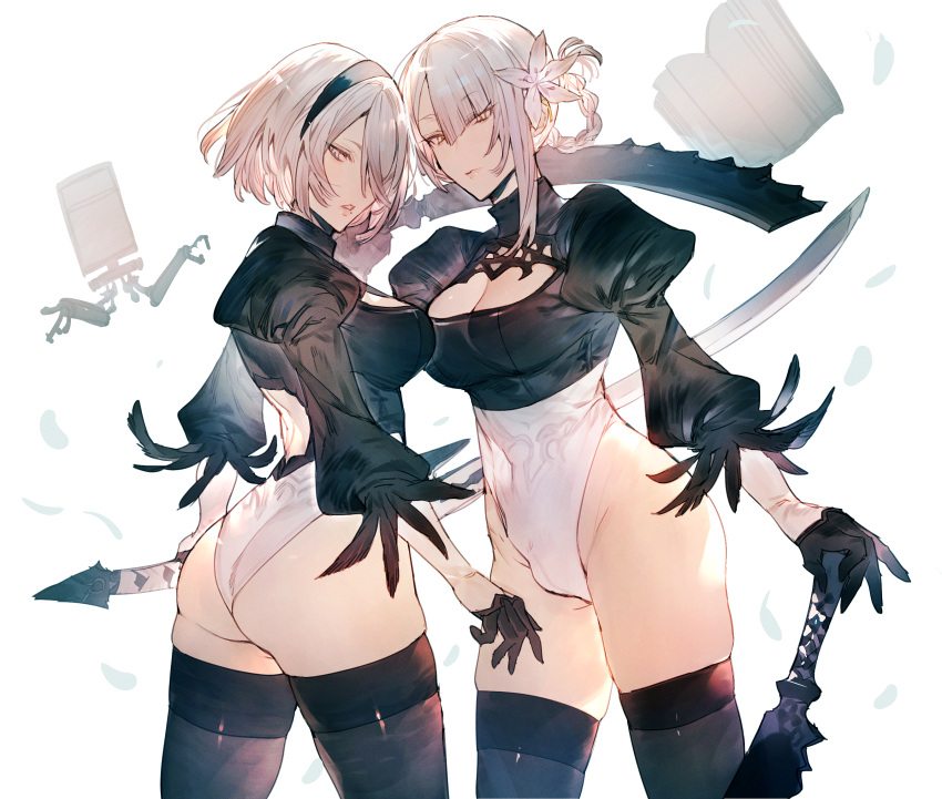 2girls ass asymmetrical_bangs bangs black_dress braid breasts cleavage cleavage_cutout clothing_cutout cosplay crossover dress dual_wielding flower futanari gloves grey_eyes hair_flower hair_ornament hairband highres holding holding_sword holding_weapon kaine_(nier) leotard looking_at_viewer mayutsuba_mono multiple_girls nier nier_(series) nier_automata pod_(nier_automata) sword thighhighs weapon yellow_eyes yorha_no._2_type_b yorha_no._2_type_b_(cosplay)