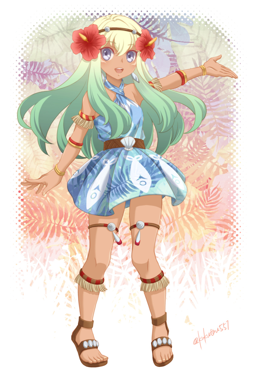 1girl blue_eyes blue_hair dark_skin dress flower full_body green_hair highres kokutou_eiri long_hair looking_at_viewer monster_hunter_(series) monster_hunter_stories_2 multicolored_hair open_mouth protagonist_(mhs2) sandals simple_background smile solo two-tone_hair