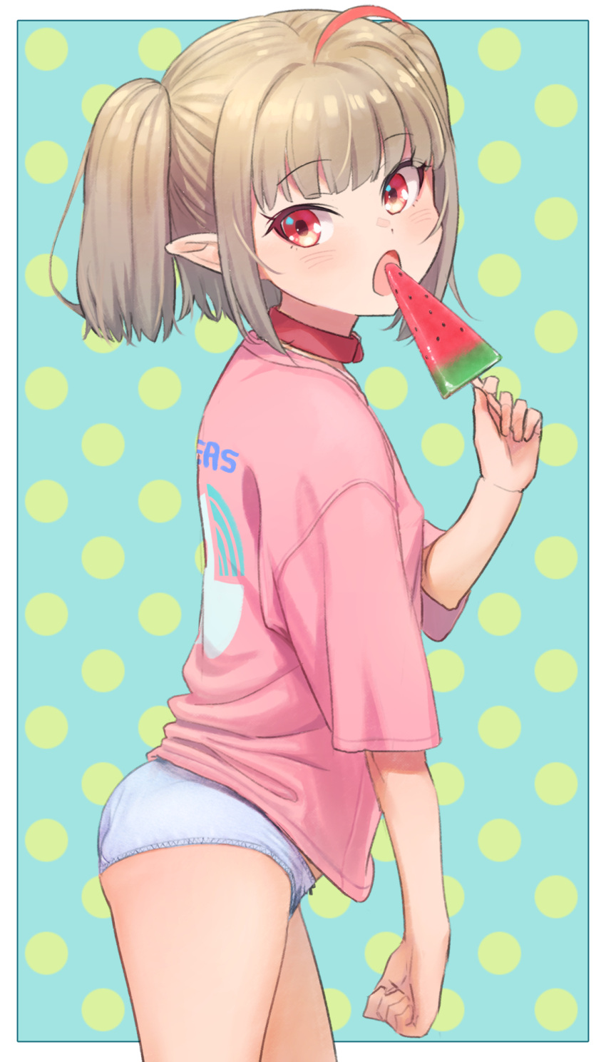 1girl ahoge ass blush border collar cowboy_shot dotted_background eating eyebrows_visible_through_hair food fruit grey_hair grey_panties highres holding holding_food looking_at_viewer makaino_ririmu medium_hair multicolored_hair nijisanji no_pants open_mouth panties pink_shirt pointy_ears popsicle red_collar red_eyes red_hair sabamen shirt sidelocks solo streaked_hair t-shirt twintails two-tone_hair underwear virtual_youtuber watermelon watermelon_bar white_border