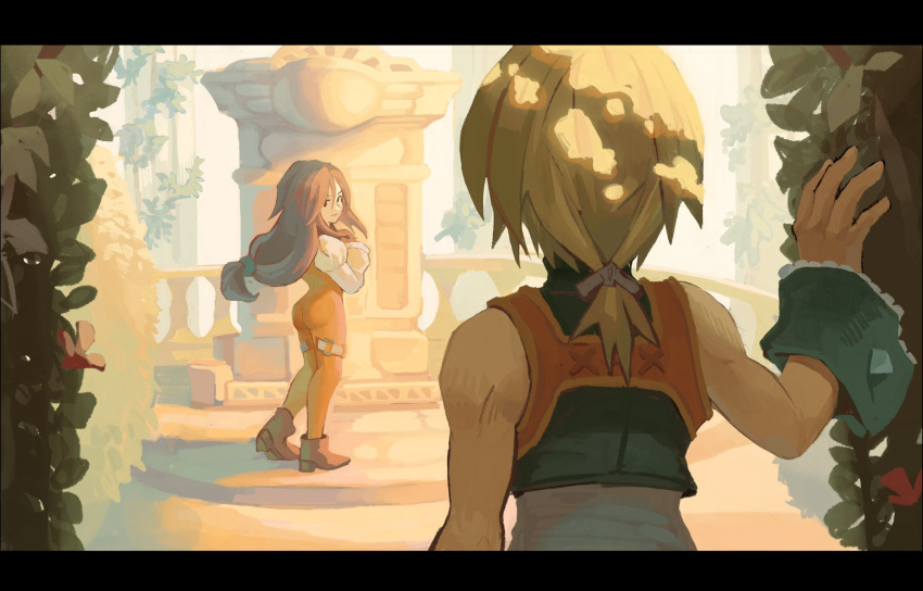 1boy 1girl ass azukimomonaka black_hair blonde_hair bodysuit choker closed_mouth final_fantasy final_fantasy_ix garnet_til_alexandros_xvii highres long_hair looking_at_viewer low-tied_long_hair orange_bodysuit shadow smile zidane_tribal