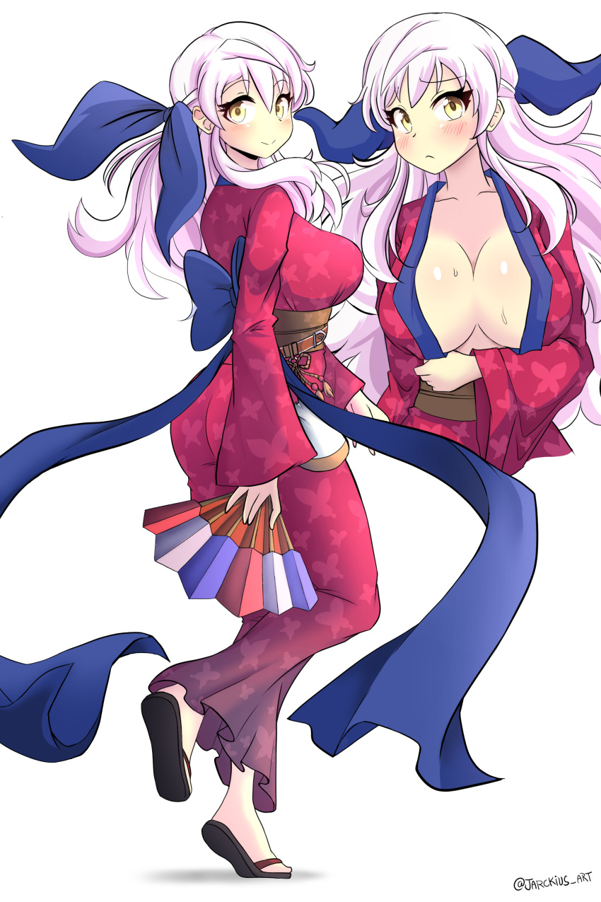 1girl absurdres alternate_costume animal_print ass bangs blush bow breasts butterfly_print cleavage collarbone embarrassed fire_emblem fire_emblem:_radiant_dawn fire_emblem_heroes hair_bow half_updo hand_fan highres holding holding_fan japanese_clothes jarckius kimono large_breasts long_hair long_sleeves looking_at_viewer micaiah_(fire_emblem) multiple_views obi official_alternate_costume open_clothes sandals sash silver_hair simple_background smile sweat twitter_username white_background wide_sleeves yellow_eyes yukata