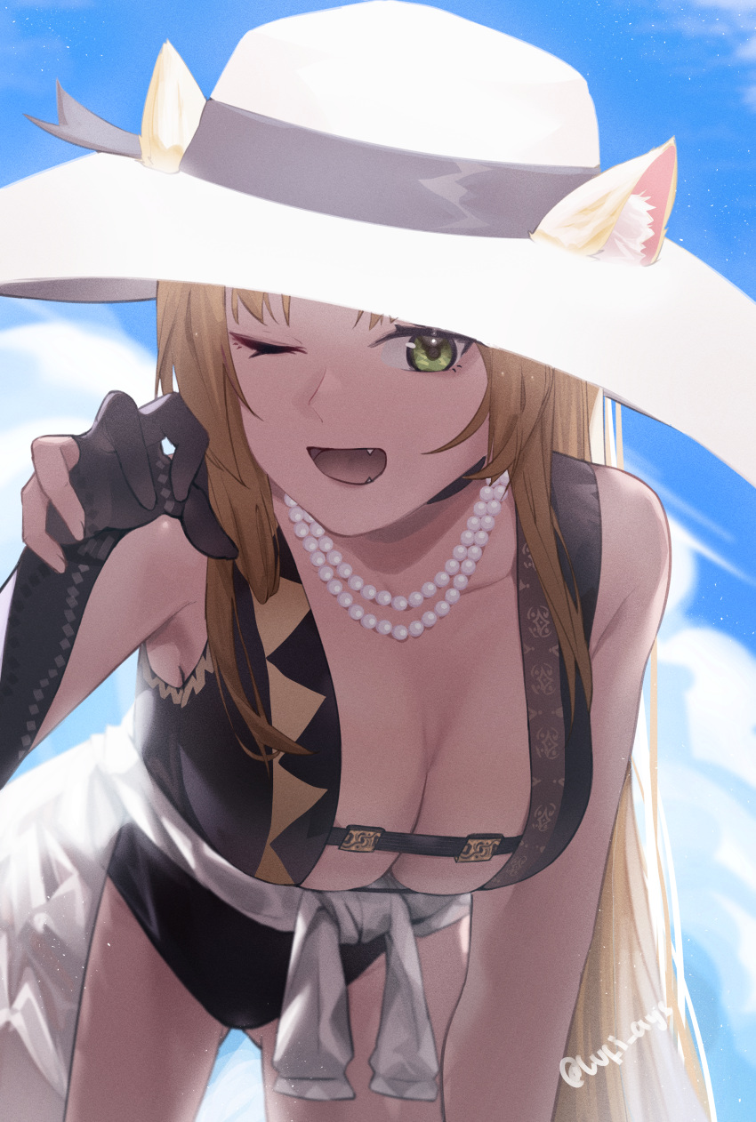 1girl ;d absurdres animal_ear_fluff animal_ears arknights ass_visible_through_thighs bare_shoulders bent_over black_gloves black_swimsuit blonde_hair breasts casual_one-piece_swimsuit claw_pose cleavage clothes_around_waist collarbone ears_through_headwear fang gloves green_eyes hat highres huge_filesize jewelry large_breasts long_hair looking_at_viewer lufi_ays necklace one-piece_swimsuit one_eye_closed open_mouth partially_fingerless_gloves signature single_glove smile sun_hat swimsuit swire_(arknights) tiger_ears twitter_username very_long_hair white_headwear