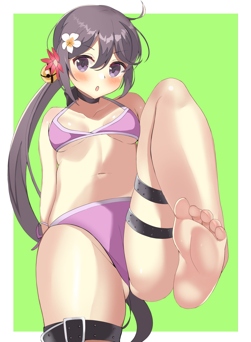 1girl :o absurdres akebono_(kancolle) aruka0807 bangs barefoot bell bikini black_choker blush breasts choker eyebrows_visible_through_hair feet flower green_background hair_bell hair_between_eyes hair_flower hair_ornament highres jingle_bell kantai_collection long_hair pink_bikini ponytail purple_eyes purple_hair red_flower side_ponytail simple_background small_breasts soles solo swimsuit thigh_strap toes white_flower