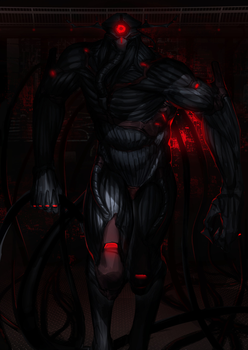 1other absurdres cable cyclops fixro2n glowing glowing_eye highres huge_filesize looking_at_viewer monster no_humans official_art one-eyed original railing red_eyes solo walking