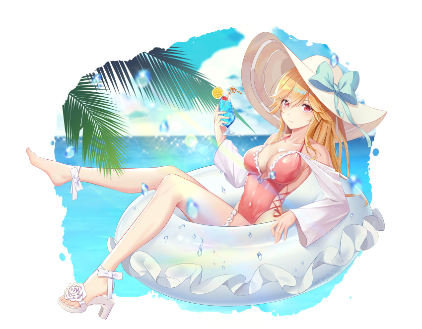1girl azur_lane backless_swimsuit bare_shoulders blue_bow bow breasts cleavage covered_navel cup frilled_swimsuit frills full_body hat high_heels highleg highleg_swimsuit highres holding holding_cup long_hair looking_at_viewer medium_breasts multiple_straps official_alternate_costume one-piece_swimsuit palm_leaf pina_colada pink_swimsuit purple_eyes richelieu_(azur_lane) richelieu_(flagship_in_the_sea_breeze)_(azur_lane) side-tie_swimsuit solo sun_hat swimsuit tokiha_reimu transparent_background water white_footwear white_headwear white_innertube white_sleeves