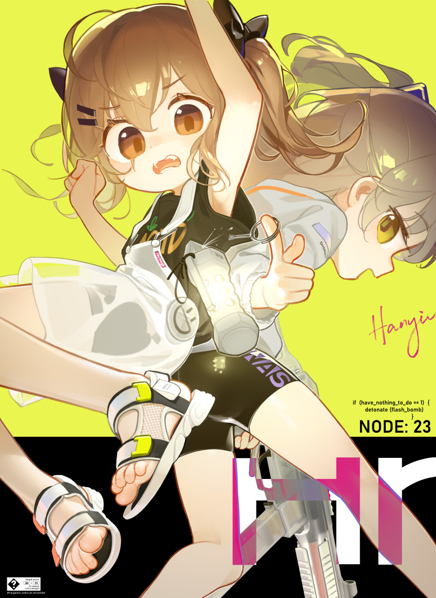 2girls absurdres armpit_peek bike_shorts black_ribbon black_shirt black_shorts brown_eyes brown_hair casual chinese_commentary commentary_request eyebrows_visible_through_hair feet flashbang girls'_frontline grenade_pin gun h&amp;k_ump hair_ornament hair_ribbon hairclip highres holding holding_gun holding_weapon long_hair multiple_girls one_side_up open_mouth overalls ribbon sandals scar scar_across_eye see-through shirt short_sleeves shorts submachine_gun suspenders t-shirt tianliang_duohe_fangdongye toes trigger_discipline twintails ump45_(girls'_frontline) ump9_(girls'_frontline) weapon white_overalls yellow_eyes younger
