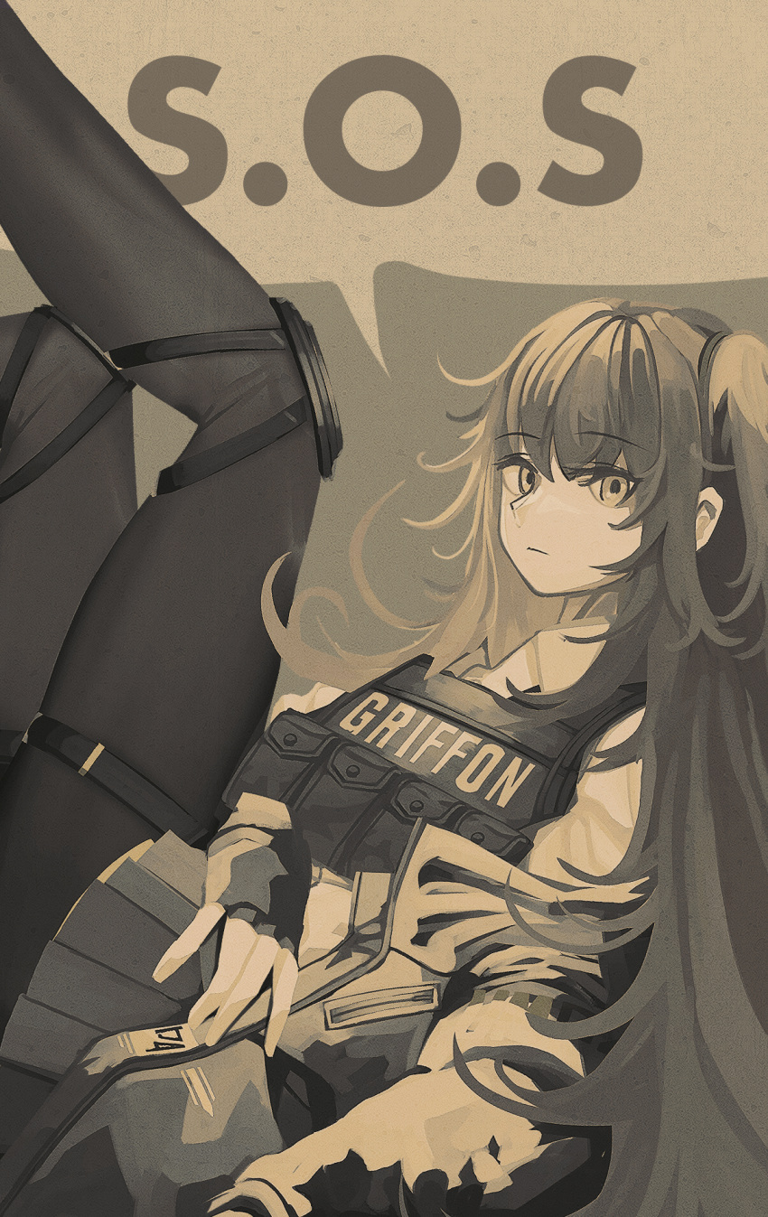 1girl bangs closed_mouth clothes_writing eyebrows_visible_through_hair fingerless_gloves girls'_frontline gloves greyscale grifon_&amp;_kryuger hair_between_eyes highres jacket kanoe_(kanoe502) knee_pads legs_up long_hair long_sleeves looking_at_viewer monochrome off_shoulder one_side_up pantyhose pleated_skirt simple_background skirt solo sos speech_bubble ump45_(girls'_frontline) vest