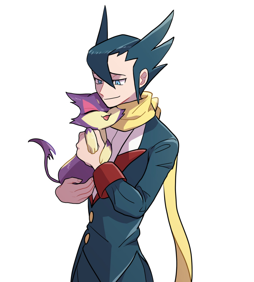 1boy bangs black_hair blue_eyes buttons closed_mouth commentary_request elite_four gen_5_pokemon grimsley_(pokemon) hair_between_eyes highres holding holding_pokemon jacket long_sleeves looking_down male_focus pants pokemon pokemon_(creature) pokemon_(game) pokemon_bw purrloin raised_eyebrows scarf shirt short_hair simple_background smile spiked_hair usarinko white_background yellow_scarf