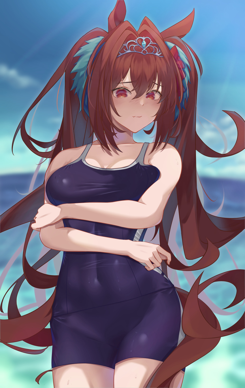 1girl absurdres animal_ears arm_under_breasts bangs blue_swimsuit blush breast_press breasts brown_hair cleavage covered_navel daiwa_scarlet_(umamusume) fang fang_out hair_between_eyes highres horse_ears horse_girl horse_tail long_hair medium_breasts one-piece_swimsuit skin_fang suzu_(user_kdex8732) swimsuit tail twintails umamusume very_long_hair