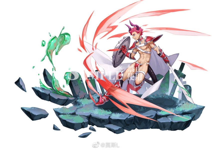 1boy abs armor blue_eyes bulge chest_harness cross crotch_plate dragon_boy dragon_horns dragon_tail elizabeth_bathory_(brave)_(fate) elizabeth_bathory_(fate)_(all) fate/grand_order fate_(series) full_body gauntlets genderswap genderswap_(ftm) graveyard harness holding holding_shield holding_sword holding_weapon horns male_focus mosi_l navel nipples pauldrons pectorals penis_peek pink_hair pointy_ears pubic_hair pubic_hair_peek sample shield short_hair shoulder_armor slime_(creature) solo stomach sword tail thighs tombstone toned toned_male weapon white_background