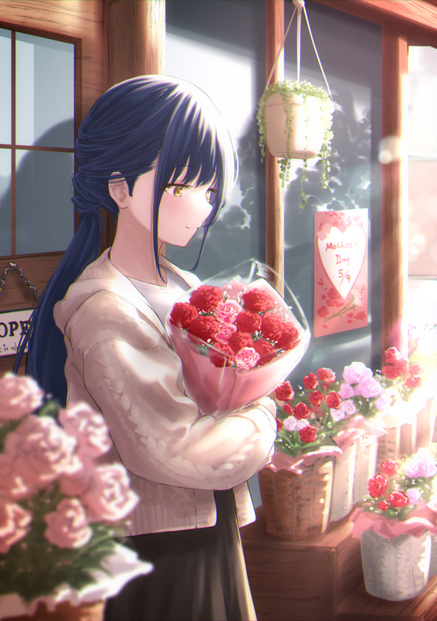 1girl blue_hair blush bouquet day display flower from_side highres holding holding_bouquet inoue_iori light_rays long_hair mother's_day original pink_flower pink_rose plant ponytail potted_plant red_flower red_rose rose solo storefront sweater yellow_eyes yukimaru_ai