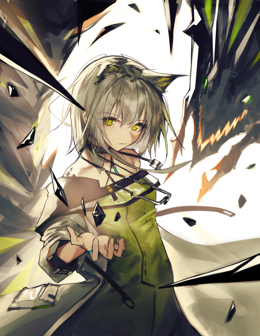 1girl animal_ear_fluff animal_ears arknights black_collar cat_ears collar commentary detached_collar dress english_commentary extra_ears green_dress green_eyes hair_between_eyes hand_up highres jewelry kal'tsit_(arknights) looking_at_viewer mon3tr_(arknights) necklace off-shoulder_dress off_shoulder originium_arts_(arknights) oripathy_lesion_(arknights) simple_background solo upper_body veilrain white_background white_hair white_sleeves